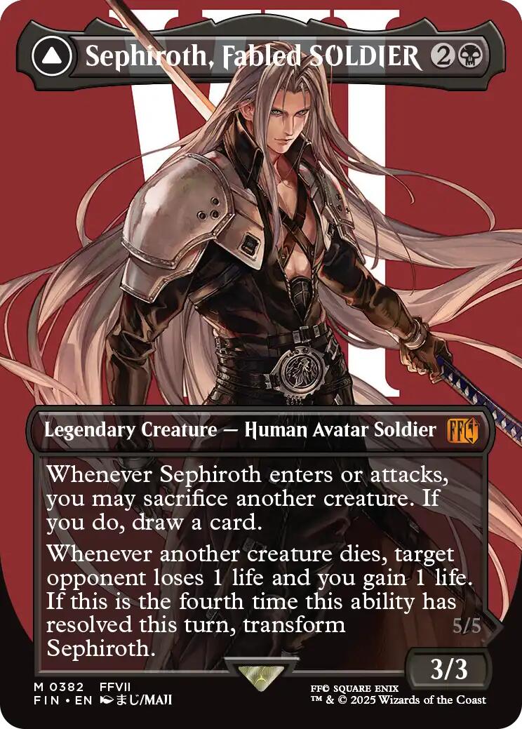 final fantasy mtg borderless cards Sephiroth, Fabled SOLDIER // Sephiroth, One-Winged Angel (Borderless) – Cosmic Games Design:Amethyst & Steel extended artwork This ability triggers only Minor details from Final
