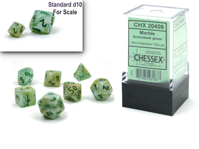 Chessex Mini Dice: Marble Mini-hedral Green/Dark Green 7-Die Set