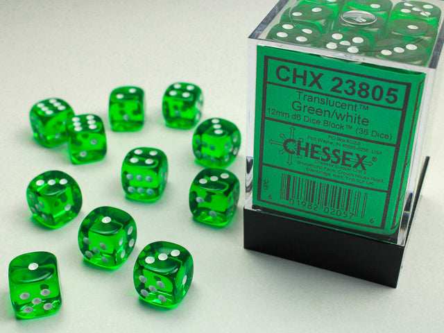 Chessex Translucent: 12MM D6 Green/White (36)