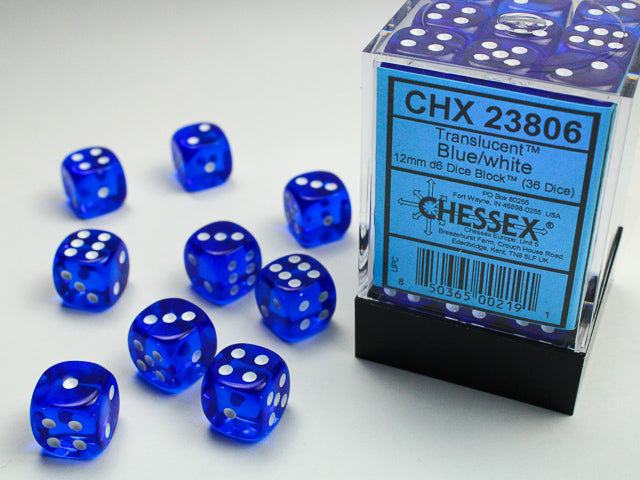 Chessex Translucent: 12MM D6 Blue/White (36)