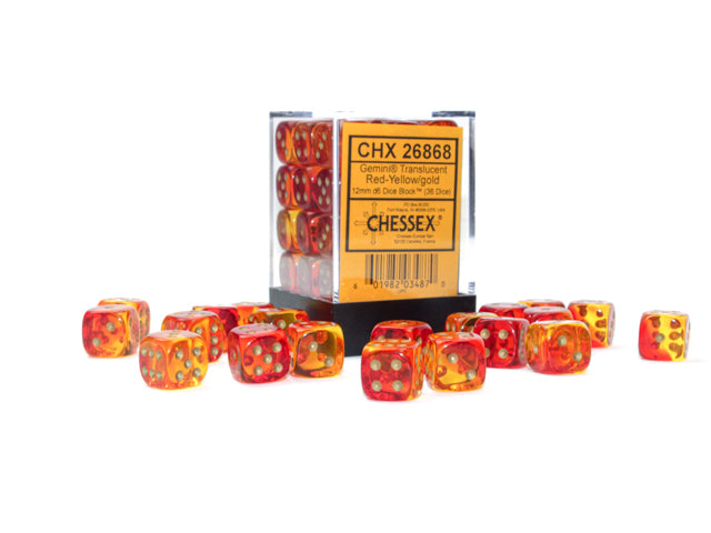Chessex Translucent: 12MM D6 Red-Yellow/Gold (36)