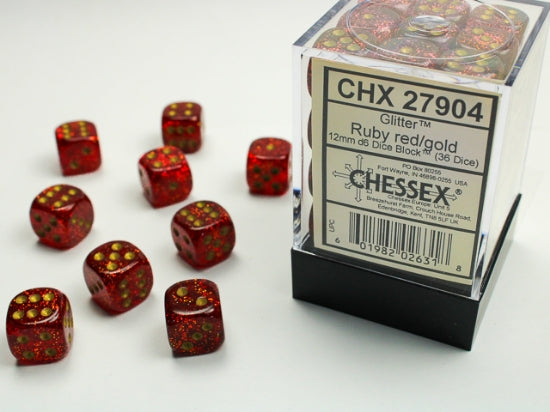 Chessex Glitter: 12MM D6 Ruby/Gold (36)