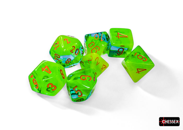 Chessex Dice  Gemini Plasma Green-Teal/orange Luminary Polyhedral 7-Dice Set