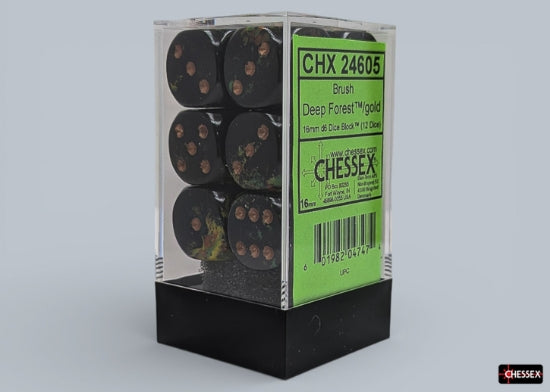 Chessex: Brush Deep Forest / Gold 16mm D6 Dice Block (12 Dice)