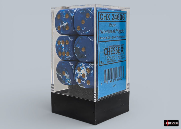 Chessex: Brush Wavebreak / Gold 16mm D6 Dice Block (12 Dice)