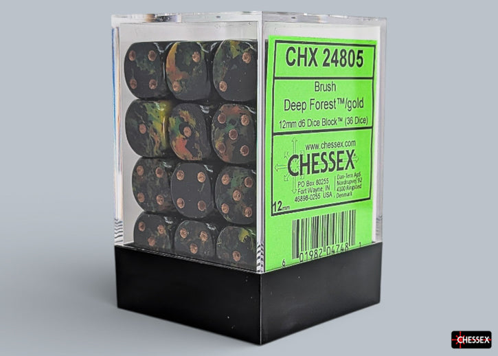 Chessex: Brush Deep Forest / Gold 12mm D6 Dice Block (36 Dice)