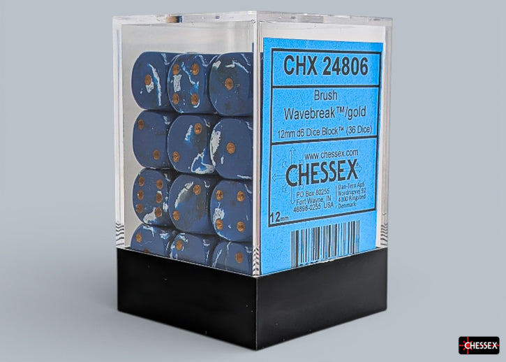 Chessex: Brush Wavebreak / Gold 12mm D6 Dice Block (36 Dice)