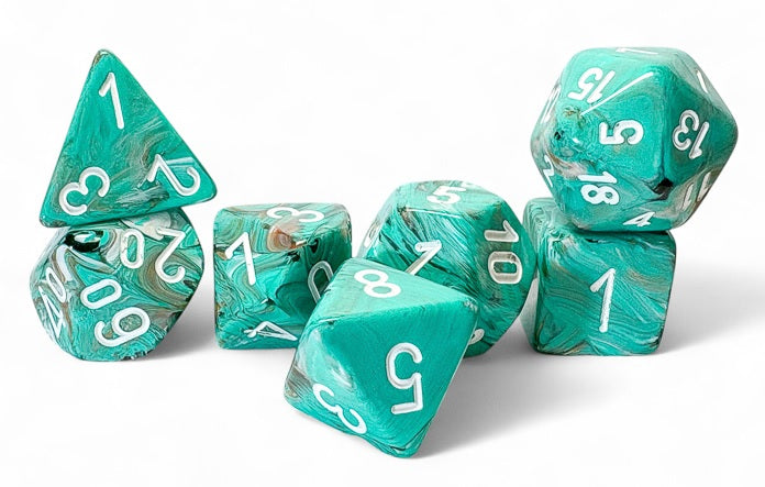 Chessex Mega Dice: Mega-hedral Oxi-Copper/white 7-Die Set