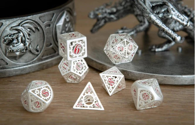 Hymgho Matte Silver with Red Enamel Hollow Metal Gears of Providence Polyhedral Dice Set