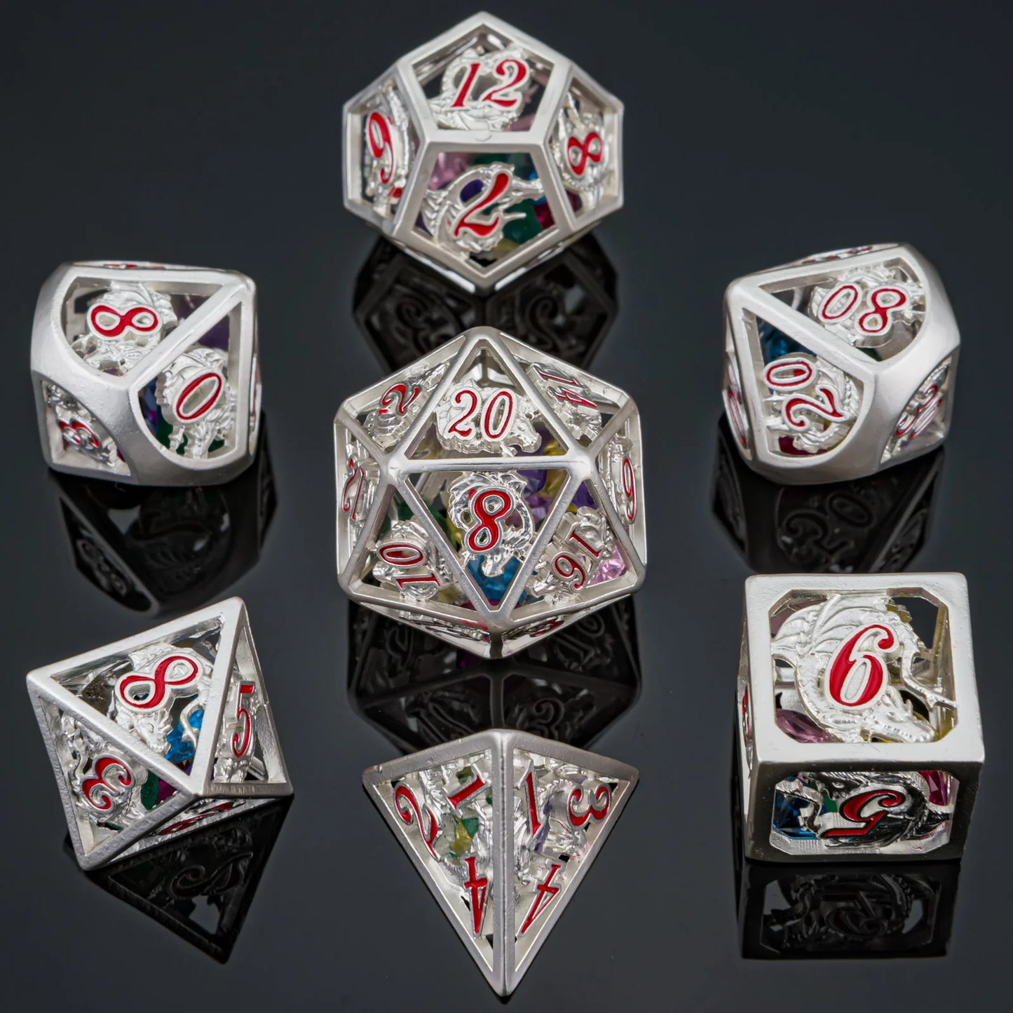 Hymgho Hollow Dragon Polyhedral Dice Set Filled With Gems - Silver
