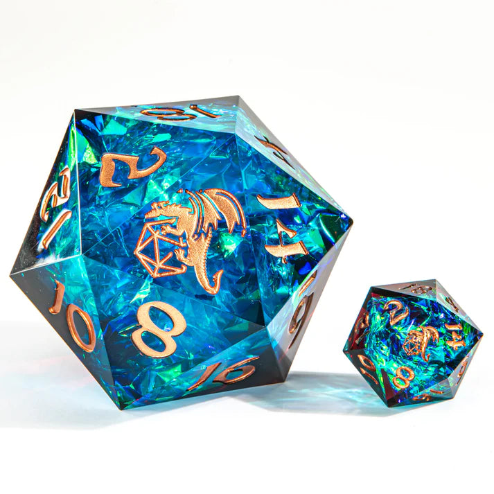 Hymgho Sharp Edge Resin Dice: 55mm Chonk D20 Blue & Red