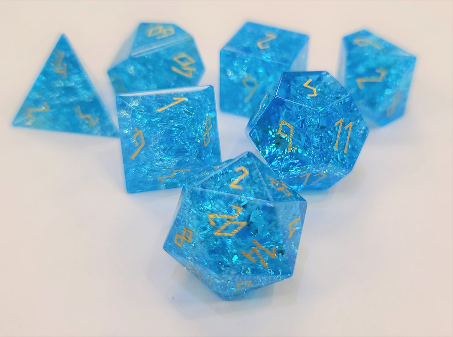 Norse Foundry 7 Die Glass RPG Dice Set: Shattered Blue Zircon Glass