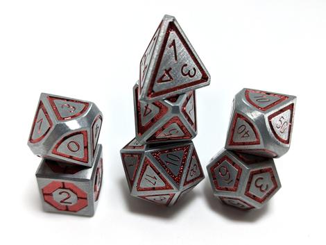 Hymgho Solid Metal Leyline Dice - Gunmetal with Red Chrome Polyhedral Set (7)