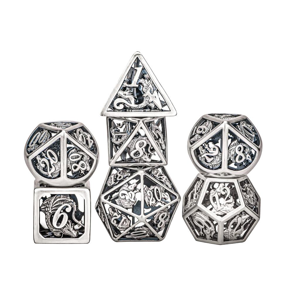 Hymgho Hollow Metal Dragon Dice - Ancient Silver Polyhedral Dice (7)