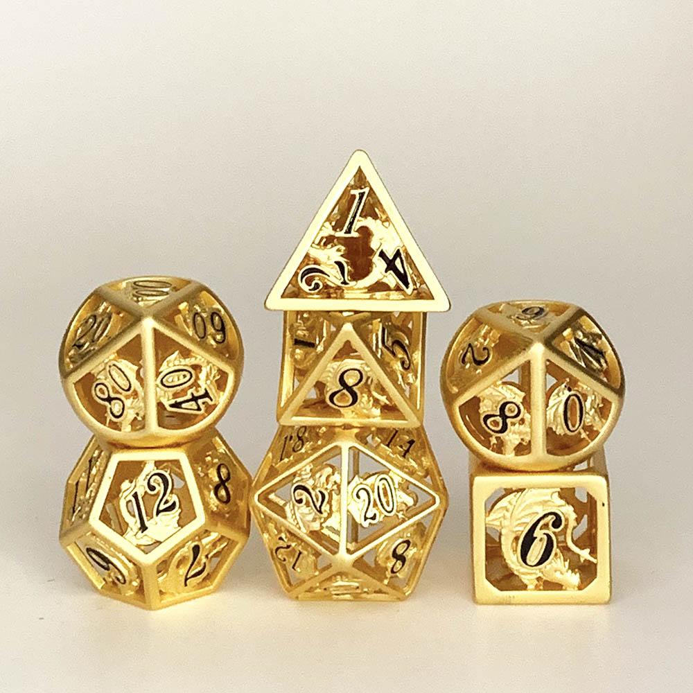 Hymgho Hollow Metal Dice - Matte Gold and Black Polyhedral Set (7)