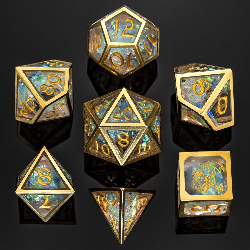 Hymgho Caged Resin Opal Dice - Brass Frame Polyhedral Set (7)
