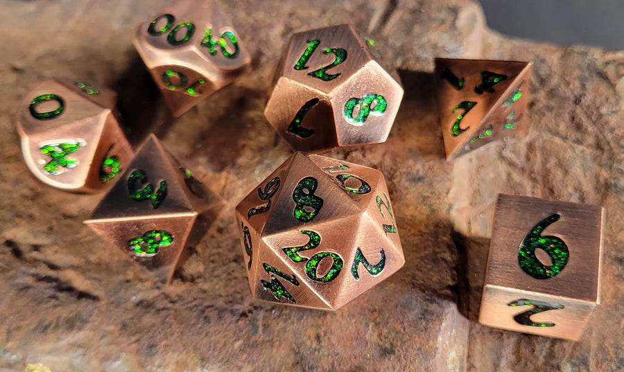 Forged Gaming Forged Lore Antique Copper with Green Mica  7 Piece Metal Dice Set