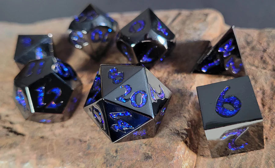 Forged Gaming Forged Lore Polished Gunmetal with Blue Mica  7 Piece Metal Dice Set