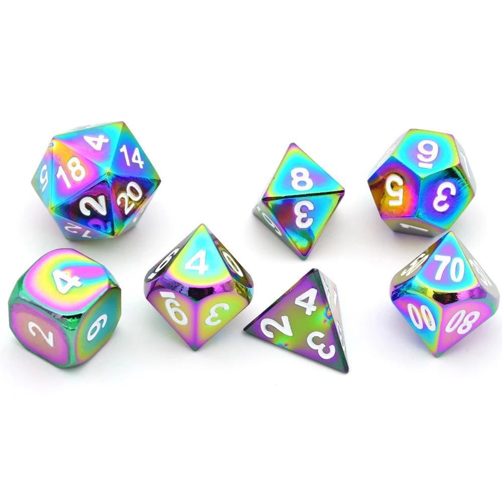 Hymgho Solid Metal Dice - Rainbow & White Polyhedral Set (7)