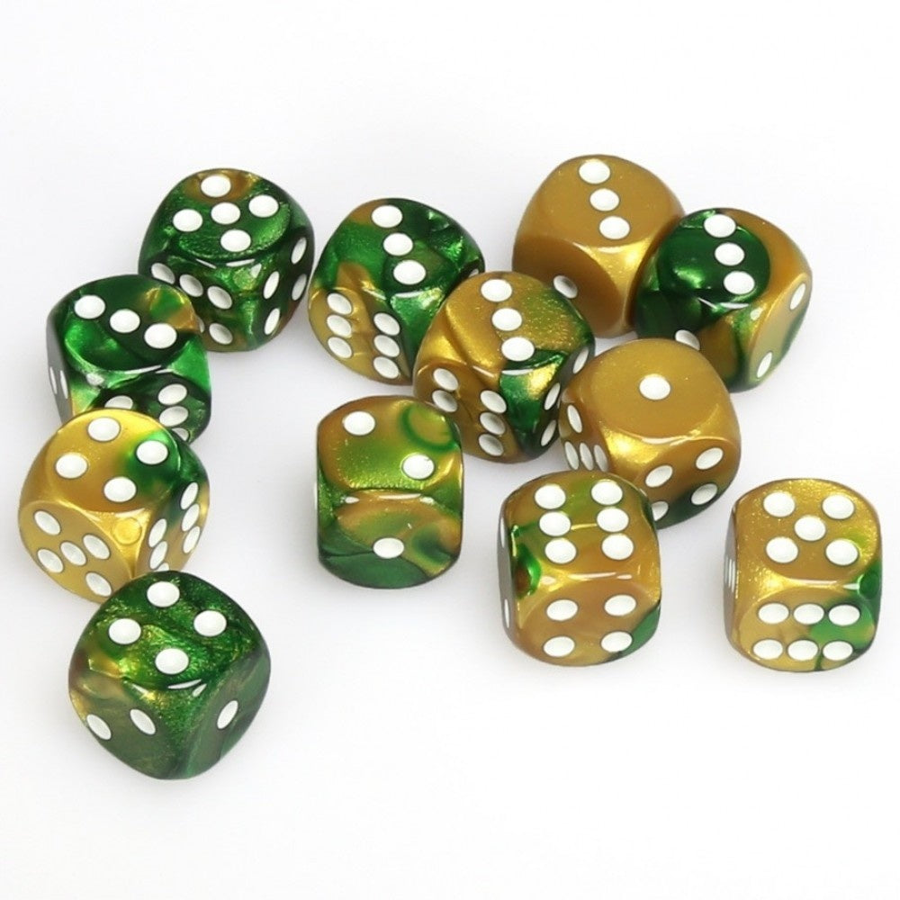 Chessex Gemini: 16MM D6 Gold-Green/White (12)